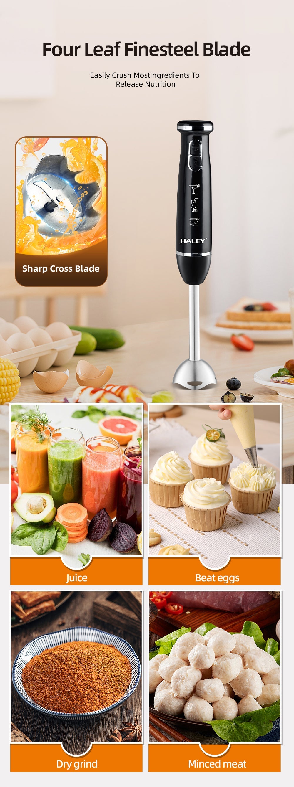 Blender Vertical HALEY 1200W cu Lame Inox, 2 Viteze, Motor Silențios, Mâner Anti-Alunecare | Design Compact 37 cm